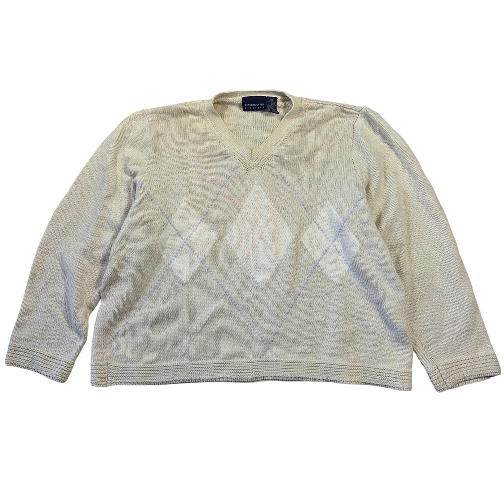 Liz Claiborne Lizsport Cream Argyle V-Neck Cotton Knit Sweater Womens XL Vintage